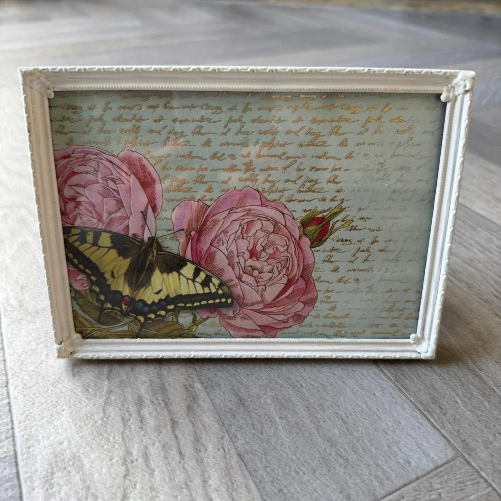 Vintage Style White Floral Embossed Picture Frame Butterfly Rose Art 5x7